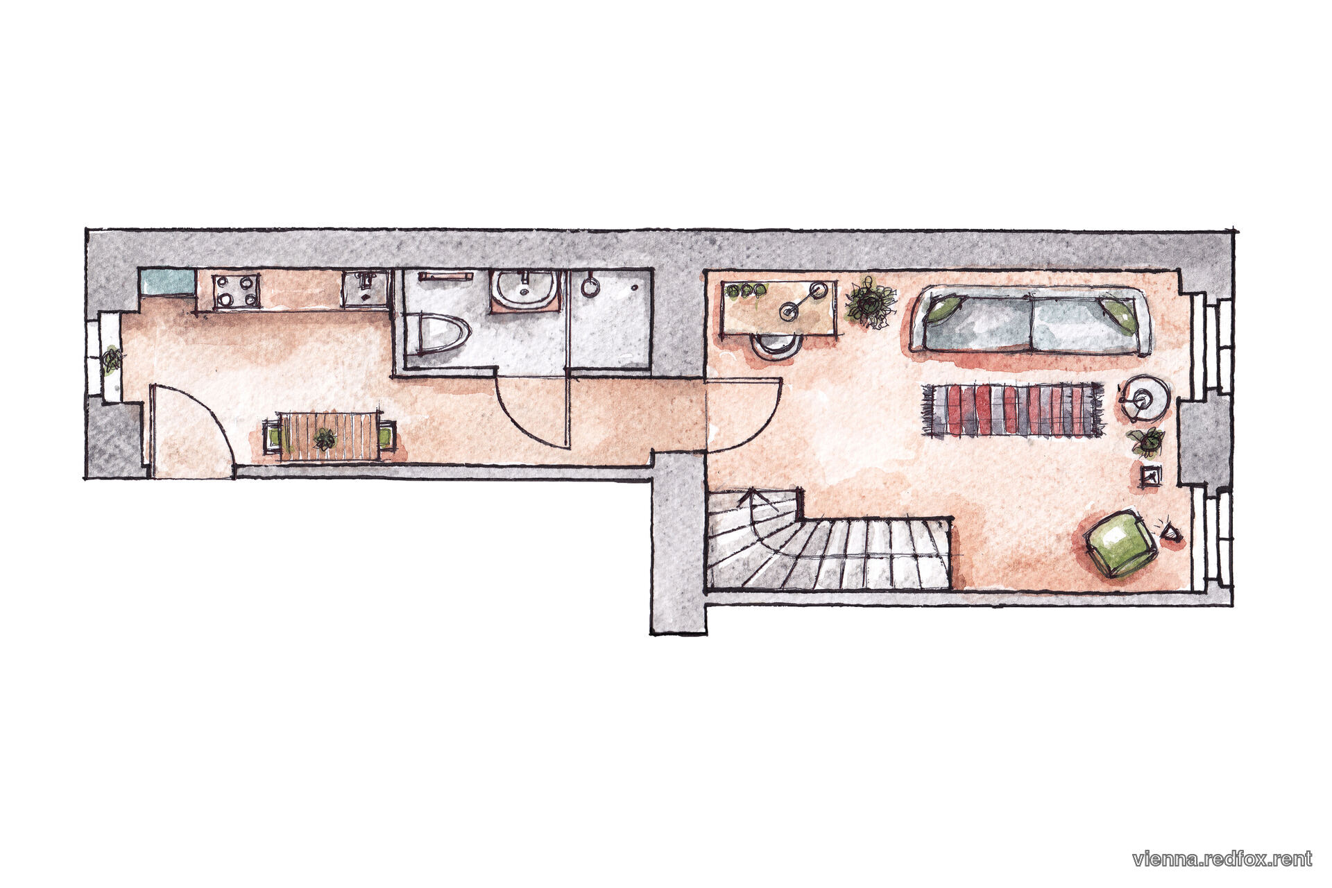 Floor plan of the 31 m² studio with mezzanine bed